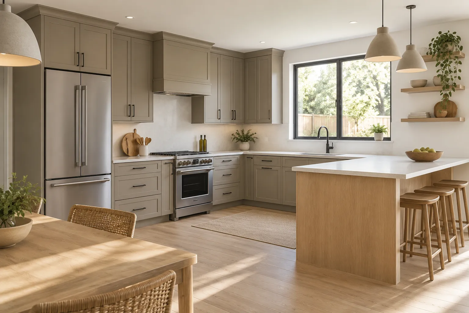 Warm grey kitchen cabinets with a pale wood island beside broad windows