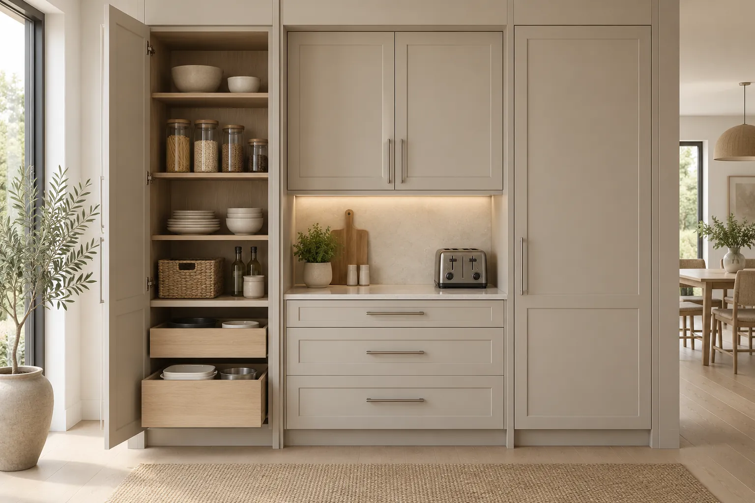 Tall grey pantry cabinet with open shelves, food jars and lower drawers