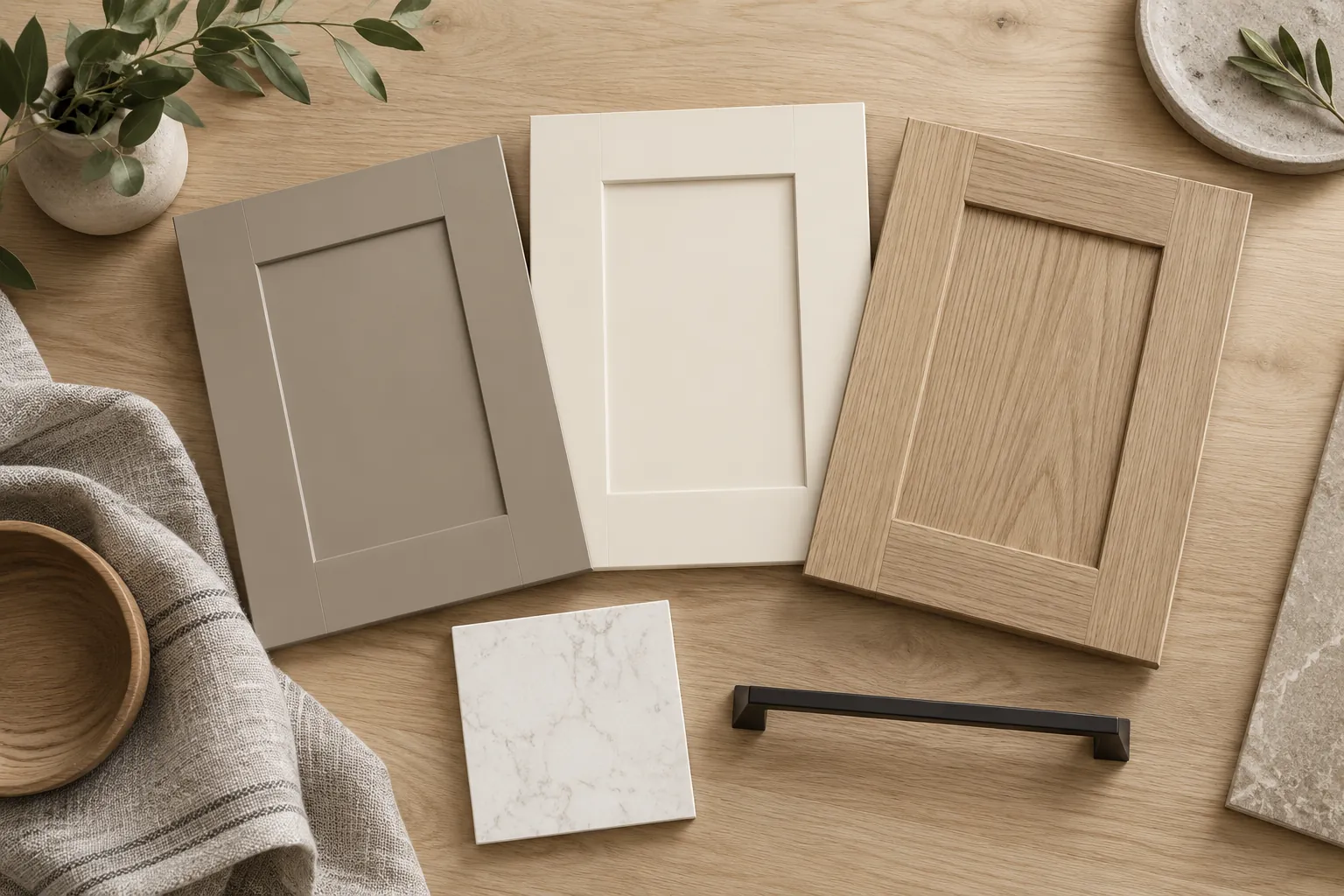 Grey and cream door samples, pale wood boards and a dark handle on a worktable